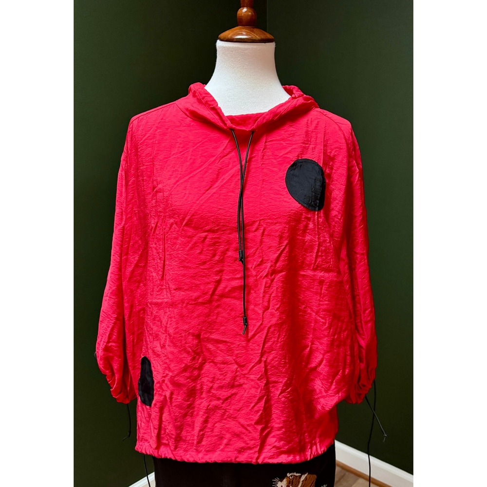 Truth + Style Red Pullover Blouse with Black Dots & Drawstring Women's Size L